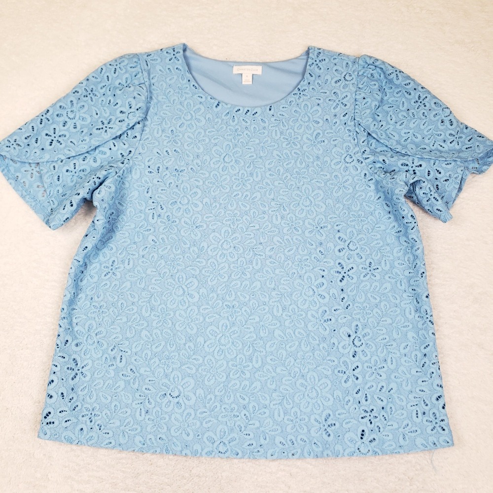 Charter Club Lace Blouse Womens XL Blue Short Sleeve Puff Eyelet Floral Top
